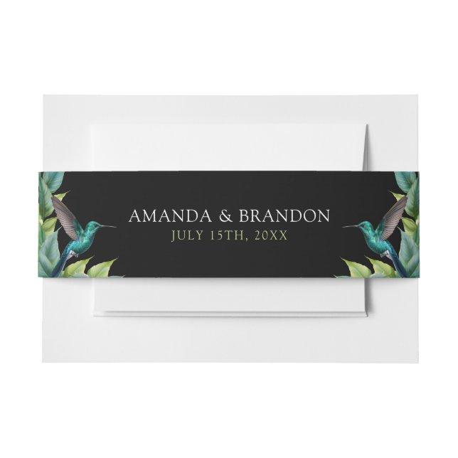 Emerald Hummingbird Tropical Leaves Wedding Invitation Belly Band (Front Example)