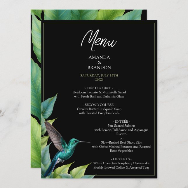 Emerald Hummingbird Tropical Leaves Wedding Menu (Front/Back)