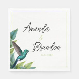 Emerald Hummingbird Tropical Leaves Wedding Napkin