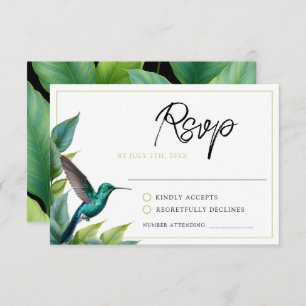 Emerald Hummingbird Tropical Leaves Wedding RSVP Card