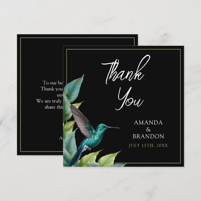 Emerald Hummingbird Tropical Leaves Wedding Thank You Card (Front/Back)