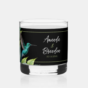 Emerald Hummingbird Tropical Leaves Wedding Whiskey Glass