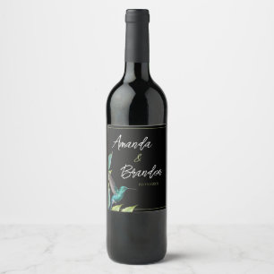 Emerald Hummingbird Tropical Leaves Wedding Wine Label