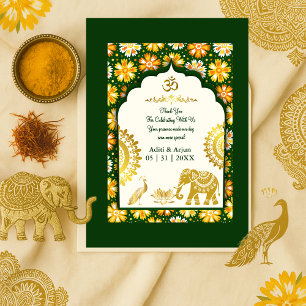 emerald ivory hindu ornate peacock om wedding  thank you card