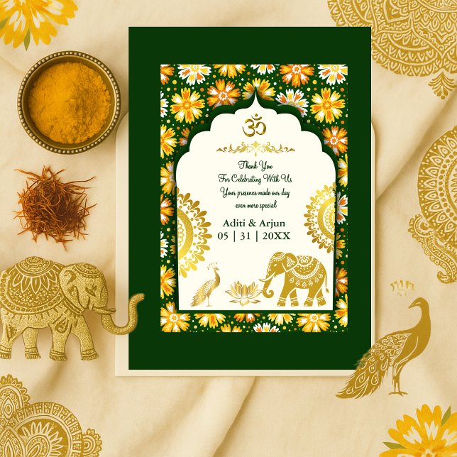 emerald ivory hindu ornate peacock om wedding  thank you card (Creator Uploaded)