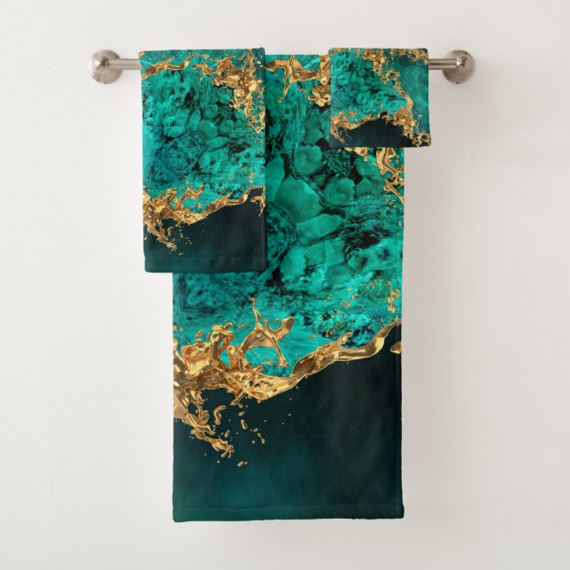 Emerald Jade Gold Splatter Abstract Bath Towel Set (Insitu)