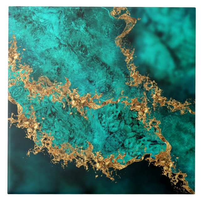 Emerald Jade Gold Splatter Abstract Ceramic Tile (Front)