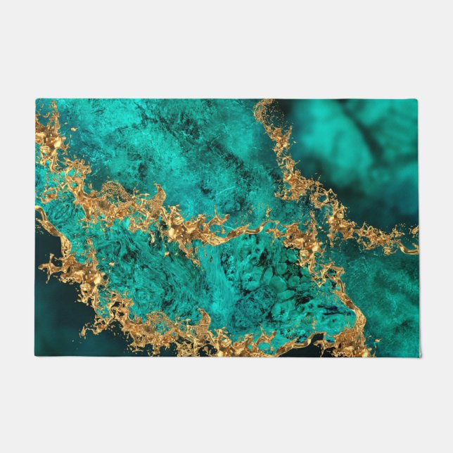 Emerald Jade Gold Splatter Abstract Doormat (Front)