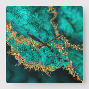 Emerald Jade Gold Splatter Abstract Square Wall Clock