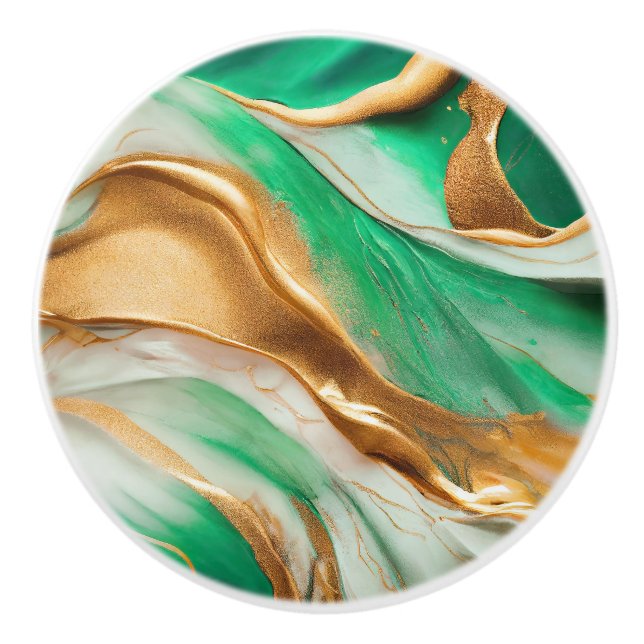 Emerald Jade Green and Gold Abstract Art Ceramic Knob (Front)