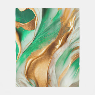 Emerald Jade Green and Gold Abstract Art Fleece Blanket