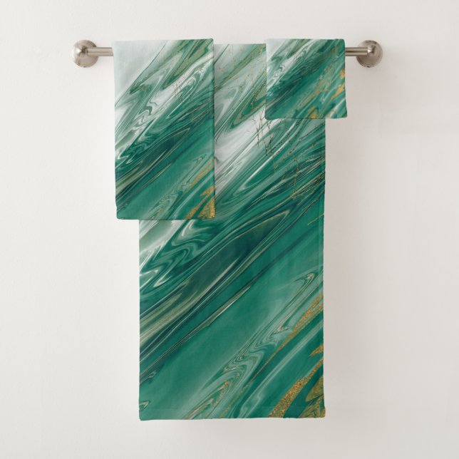 Emerald Jade Green Gold Accented Painted Marble Bath Towel Set (Insitu)