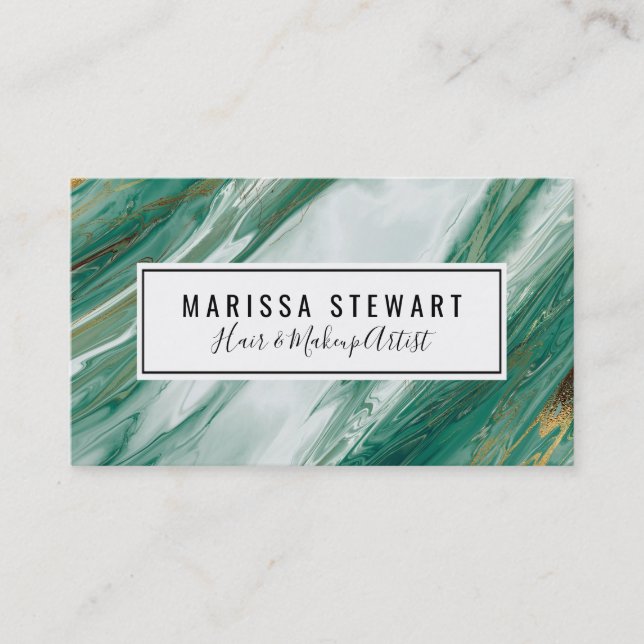 Emerald Jade Green Gold Accented Painted Marble Business Card (Front)