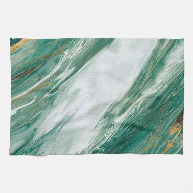 Emerald Jade Green Gold Accented Painted Marble Tea Towel (Horizontal)