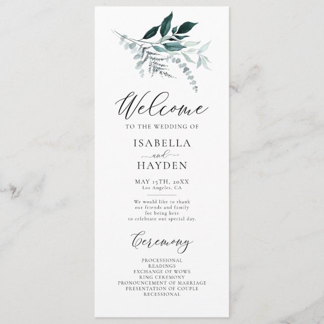 Emerald Leaf Greenery Foliage Watercolor Wedding Program (Front)