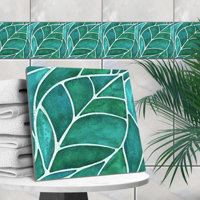 Emerald Leaf Watercolor Ceramic Tile (Creator Uploaded)