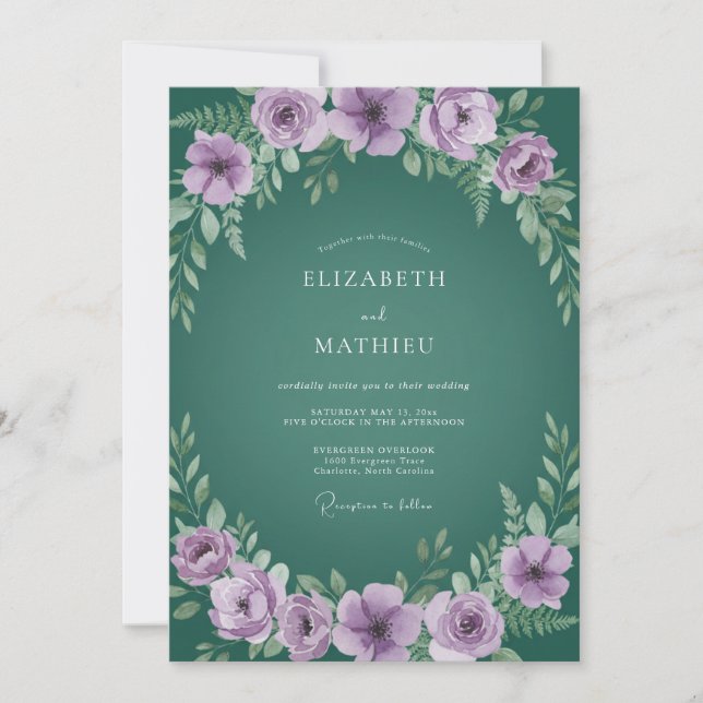 Emerald Lilac Wreath Wedding Invitation (Front)
