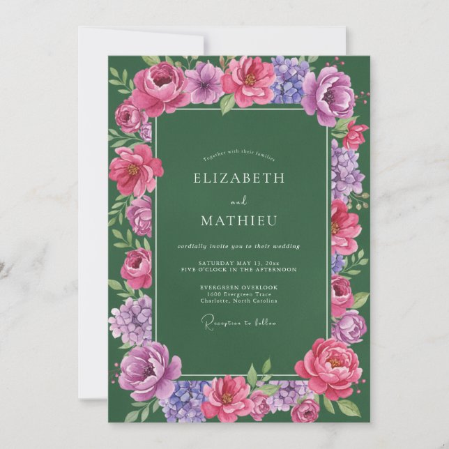 Emerald Magenta Ranunculus Eucalyptus Wedding Invitation (Front)