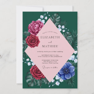 Emerald Magenta Tropical Eucalyptus Wedding Invitation