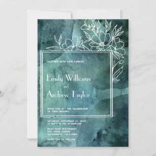 Emerald magnolia watercolor minimalistic wedding invitation