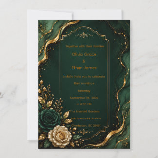 Emerald Marble & Gold Luxury Wedding Invitation