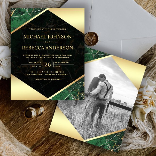 Emerald Marble Photo Budget Wedding Invitation (Creator Uploaded)