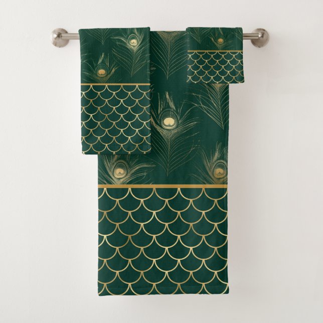 EMERALD MERMAID PEACOCK FEATHER BATHROOM TOWEL (Insitu)