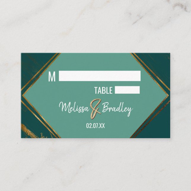 Emerald Mint Green Gold Geometric Marble Place Card (Front)