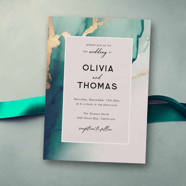 Emerald Modern Frame Elegant Chic Beach Wedding Invitation (emerald green wedding invitation modern frame beach ocean waves gold romantic elegant bohemian)