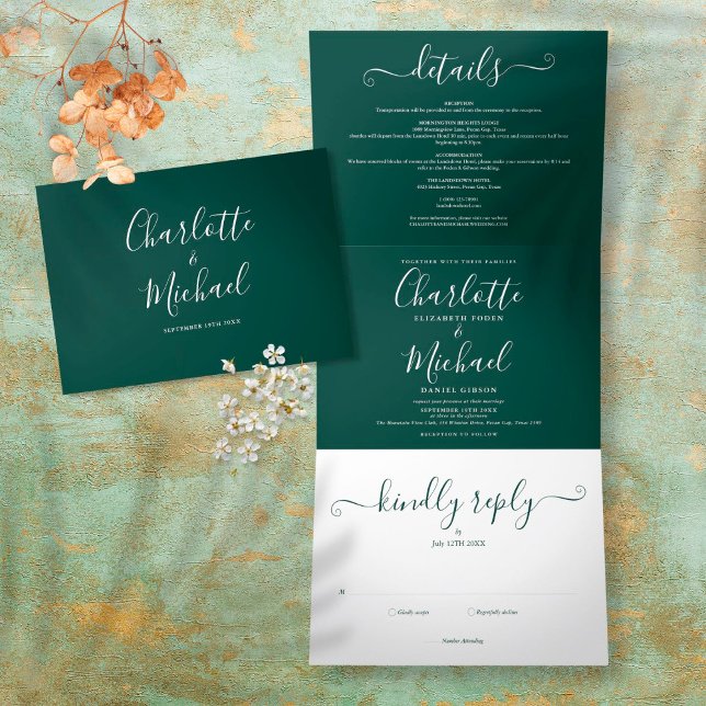 Emerald Modern Script Minimalist Photo Wedding Tri-Fold Invitation (Creator Uploaded)