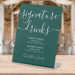 Emerald Modern Script Wedding Signature Drinks Pedestal Sign
