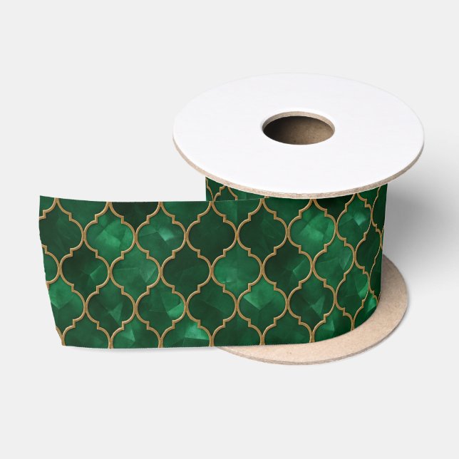 Emerald Moroccan Pattern – Luxury Style Satin Ribbon (Spool)