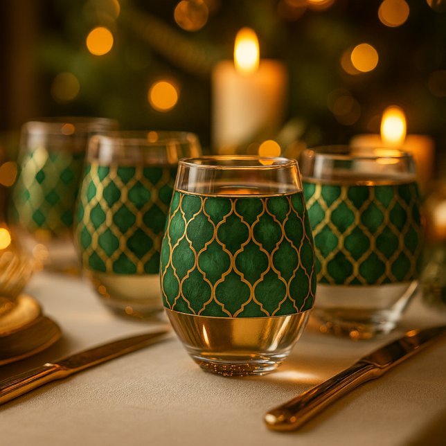 Emerald Moroccan Pattern – Luxury Style Stemless Wine Glass (Creator Uploaded)