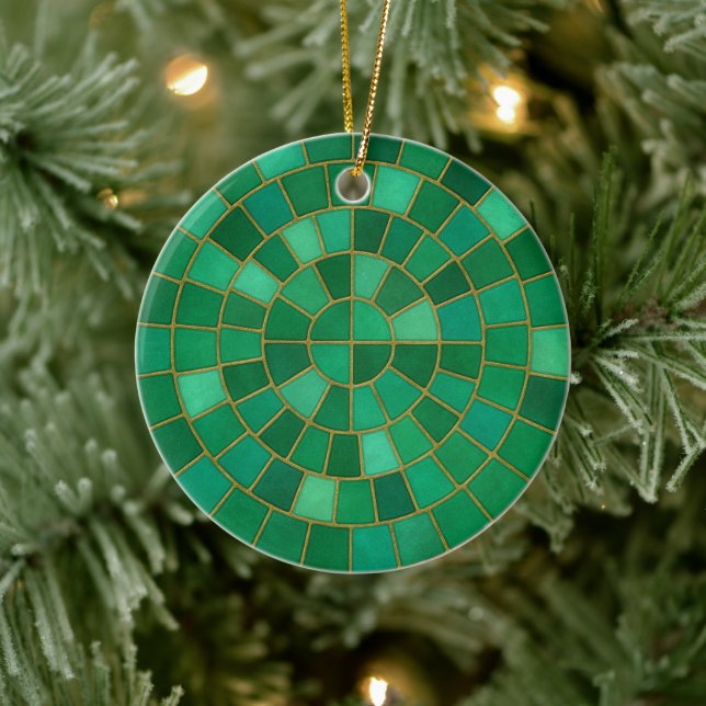 Emerald Mosaic Circle Pattern Art Ceramic Ornament (Tree)