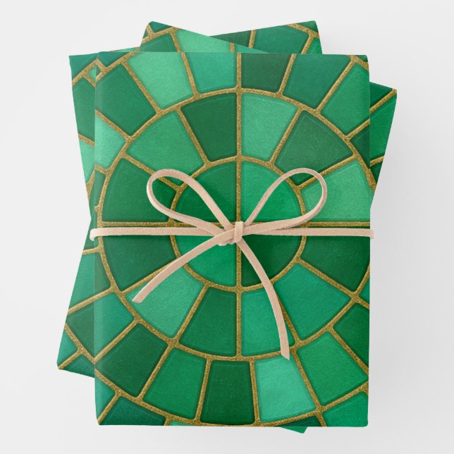 Emerald Mosaic Circle Pattern Art Wrapping Paper Sheet (In situ)