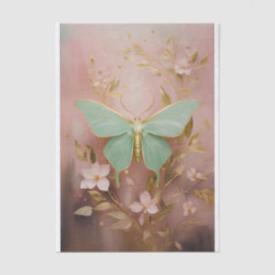 Emerald Moth and Golden Flowers Elegant Pink Tissue Paper