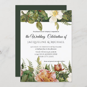 Emerald n Blush Floral Ivory Peony Rose Wedding Invitation