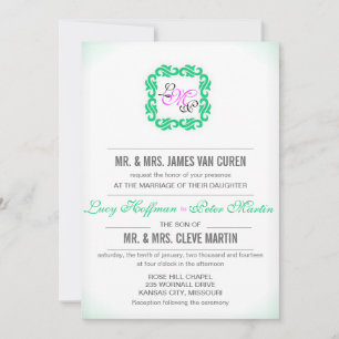 Emerald n Hot pink monogram pattern wedding invite