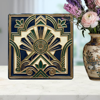 Emerald Navy Gold Art Deco Sun Rays Geometric Ceramic Tile