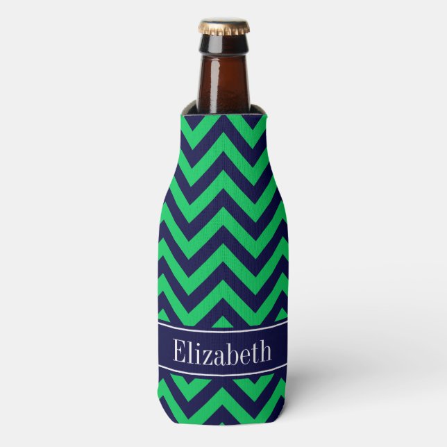 Emerald Navy LG Chevron Navy Blue Name Monogram Bottle Cooler (Bottle Front)