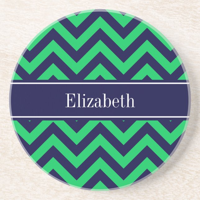 Emerald Navy LG Chevron Navy Blue Name Monogram Coaster (Front)