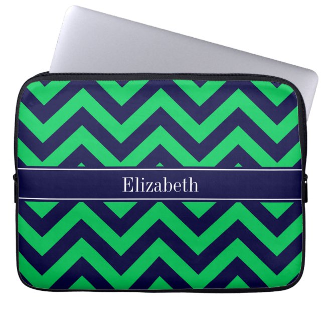 Emerald Navy LG Chevron Navy Blue Name Monogram Laptop Sleeve (Front)