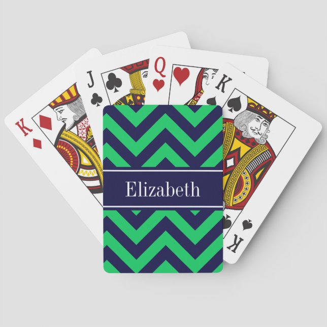 Emerald Navy LG Chevron Navy Blue Name Monogram Playing Cards (Back)