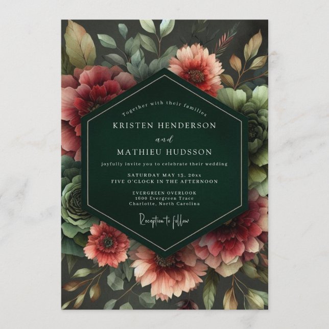 Emerald Nocturnal Bloom Wedding Invitation (Front)