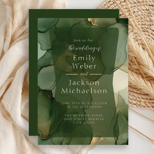 Emerald Olive Green Alcohol Ink Wedding Invitation