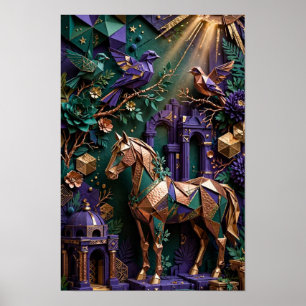 Emerald Origami Horse Sanctuary - 3D Copper Violet Poster
