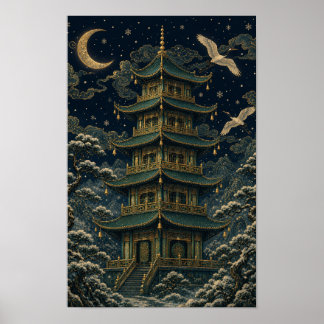 Emerald Pagoda Snowfall – Moody Chinoiserie Christ Poster