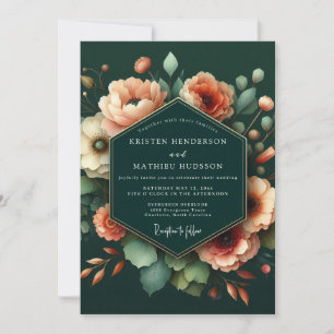 Emerald Peach Artistic Bloom Wedding Invitation