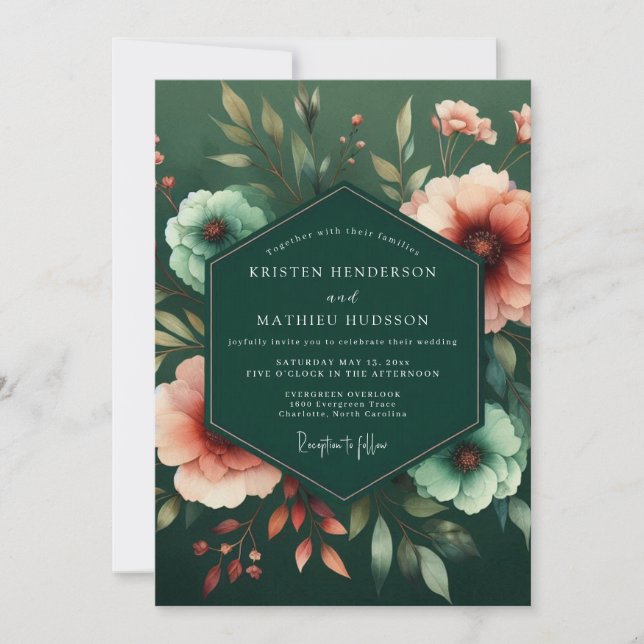 Emerald Peach Flora Wedding Invitation (Front)