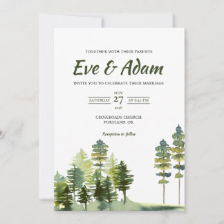 Emerald Pine Meadow Watercolor Winter Wedding Invitation